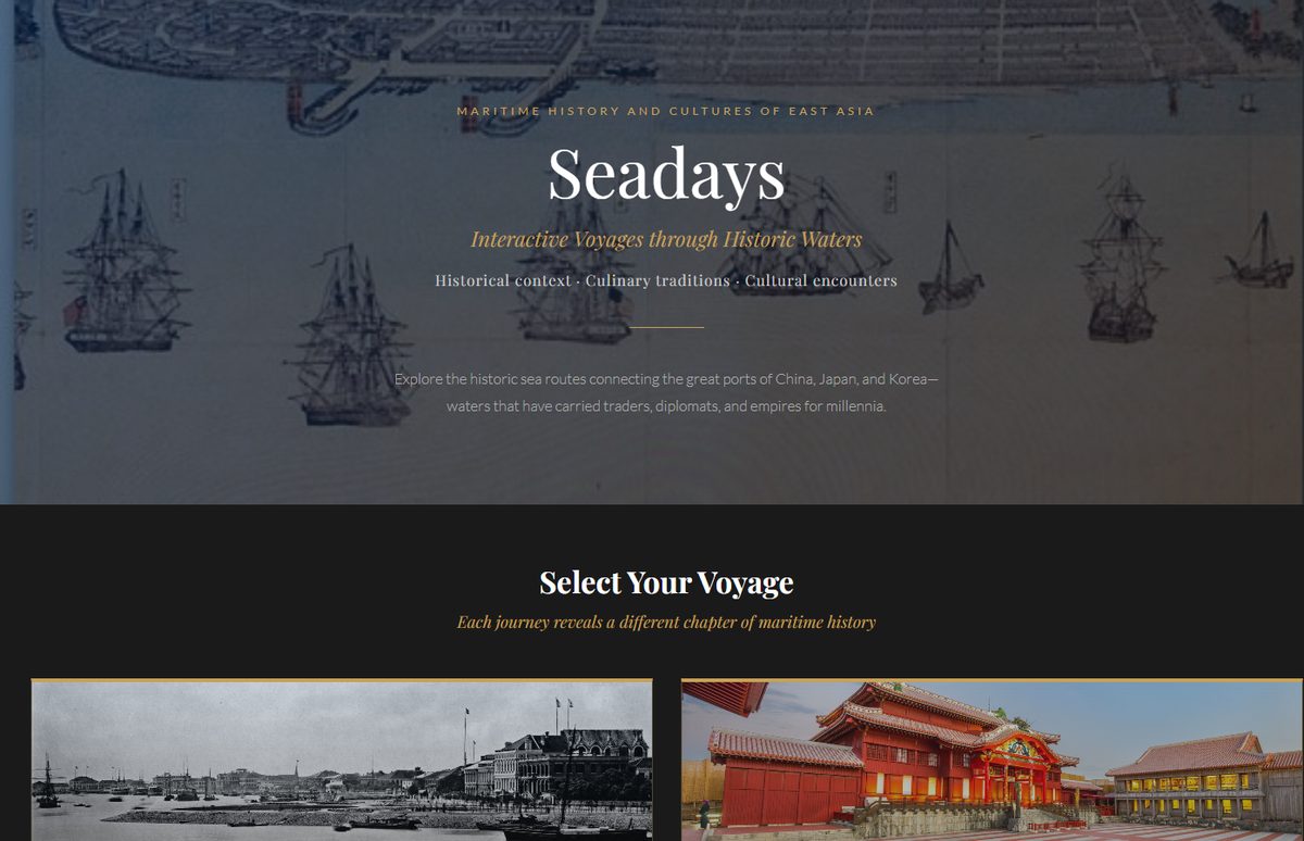 Screenshot of the Seadays website: a dark navy homepage headed &lsquo;Seadays &mdash; Interactive Voyages through Historic Waters&rsquo;, over a nineteenth-century harbour engraving, with the two voyages listed below.